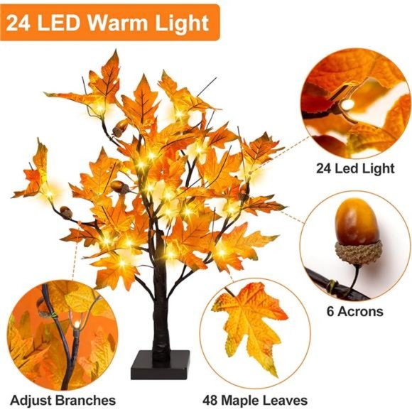 24-inch Fall Lighted Maple Tree with Acorns, 24 LED Lights, Battery Operated - Picture 5 of 7